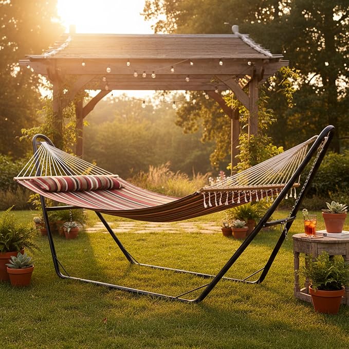 Sunnydaze Double Quilted Fabric Hammock with Universal Steel Stand - 440-Pound Capacity - Black Stand - Awning Stripe - Image 9