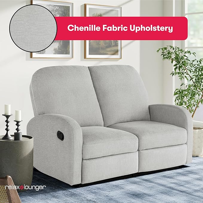 Relax-A-Lounger® Palmdale 58.3" Rocker Manual Pull-Handle Loveseat Recliner, Soft Modern, Pocket Coil Comfort, Black Metal Base Leg, Soft Chenille Fabric, Light Gray