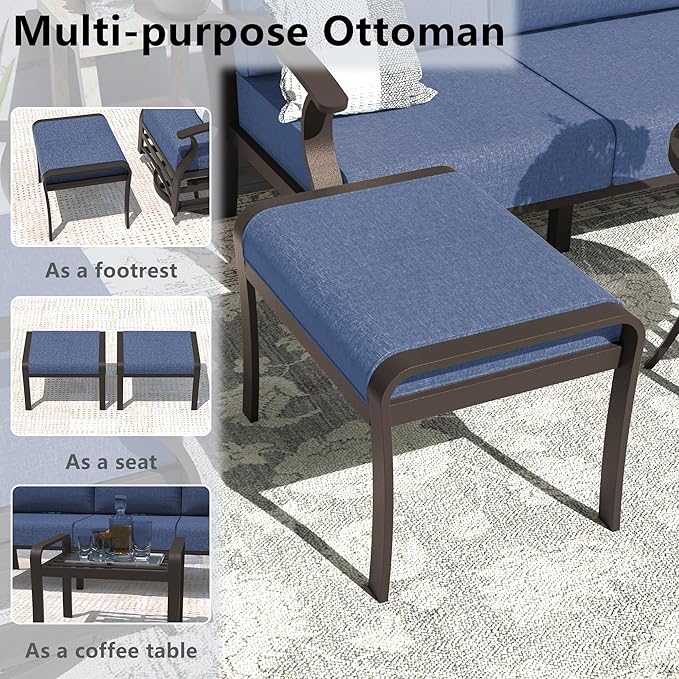 ALAULM Aluminum Patio Furniture Set with Propane Fire Pit Table 6-seat Metal Outdoor Furniture w/Swivel Chairs Patio Sectional Sofas w/5.1" Cushions for Patio, Backyard, Poolside-DarkBlue
