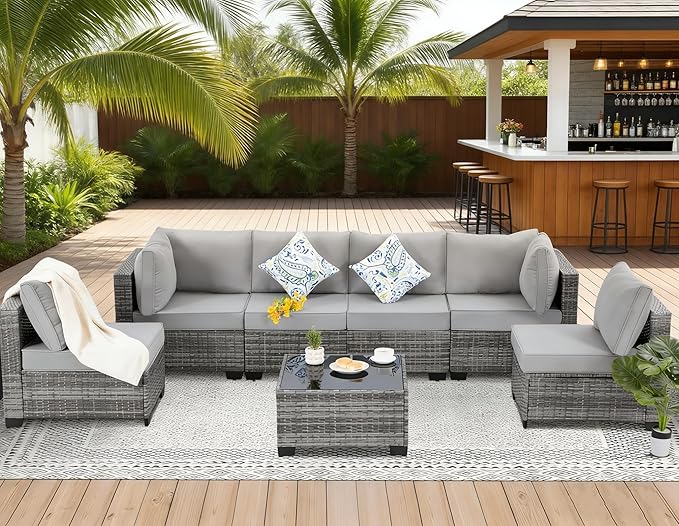 Patio Outdoor Furniture Set 7 Pieces Rattan Wicker Sectional Sofa Couch Conversation Set with Table for Deck Lawn, Light Grey Wicker/Light Grey Cushion