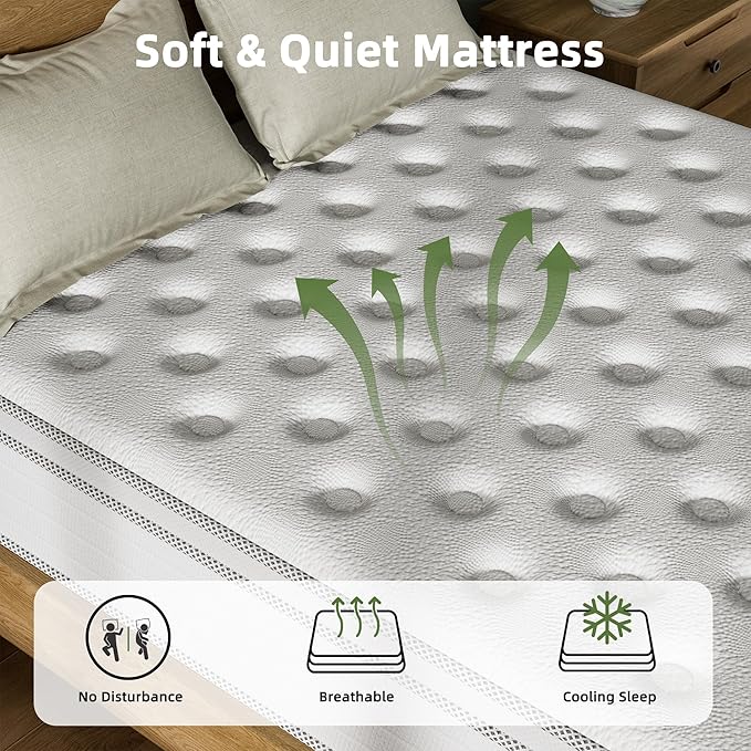 Queen Mattress, 12 Inch Hybrid Matress with Memory Foam & Individual Pocket Springs,Fiberglass Free, Soft and Breathable, Medium Feel