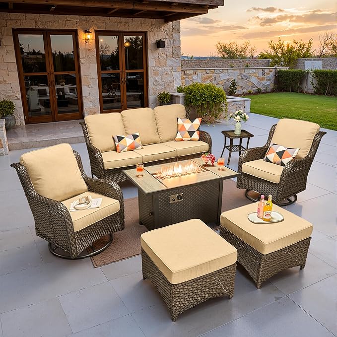 ovios 7-Piece Patio Furniture Set with Swivel Chairs Coffee Table, Outdoor Wicker Sofa with 42" Fire Pit Table, High Back Couch Modern Conversation Sets, Brown/Beige