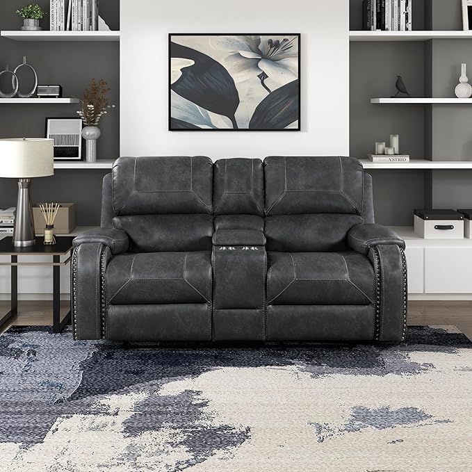 Lexicon Modern Double Reclining Loveseat, Faux Leather Recliner Loveseat with Nailhead, Center Console, Receptacle and USB Ports, Manual Recliner Loveseat Couch for Living Room/Office/Apartment, Grey