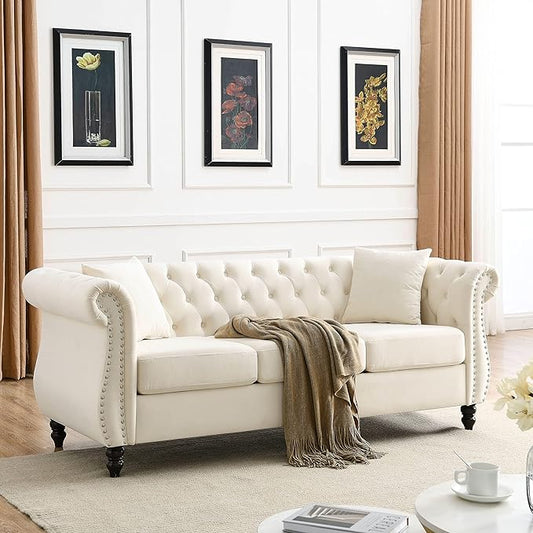 KEIKI Chesterfield Sofa, Retro Style Upholstered 3 Seater Velvet Couch with Rolled Arm for Living Room Bedroom Office Apartment, Beige