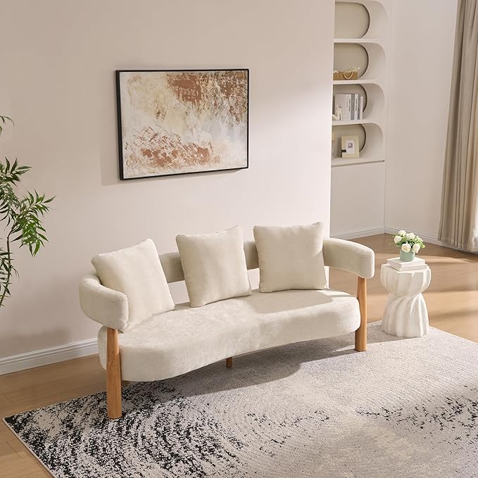 Christopher Knight Home Yulez Curved 3-Seater Sofa Couch with 3 Accent Pillows, Chenille Fabric Upholstered Lounge Seating, 76.5'' Home Office Bedroom Sofa Chair, Comfy Wooden Frame Sofa, Beige