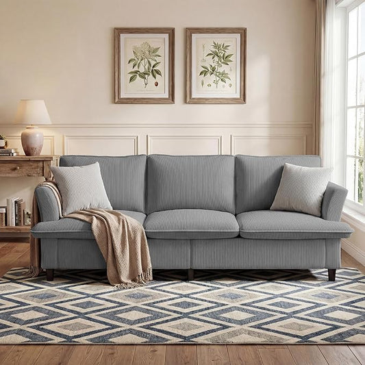 3 Seater Corduroy Couch, 89" Comfy Couch with Deep Seat, Modern Sofa Couch for Living Room, Office, Bedroom, Apartment (Pillows not Included) | Breathable material, Pet - friendly, Strong support