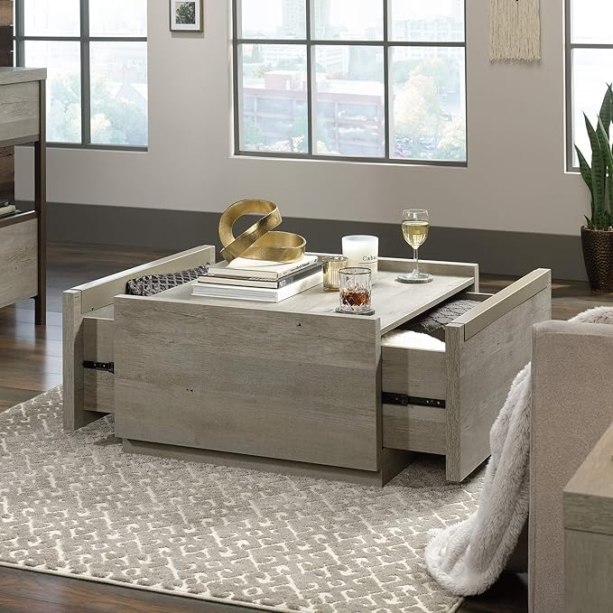 Sauder Manhattan Gate Square Coffee Table, Mystic Oak, 2 Drawers, Modern Farmhouse