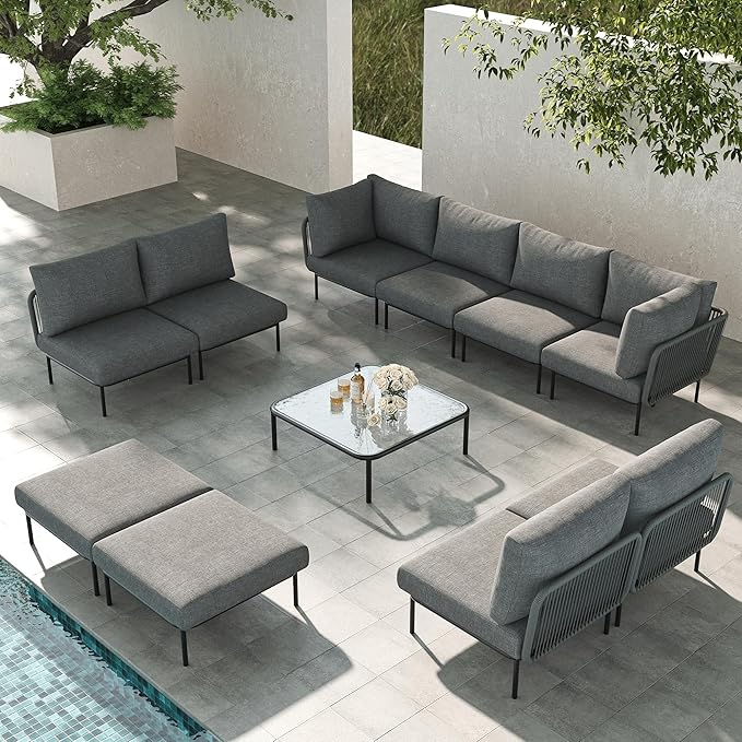 LayinSun 11 Pieces Aluminum Patio Furniture Set, Modern Modular Sectional Sofa with Coffee Table and Upgrade Thickness Cushion