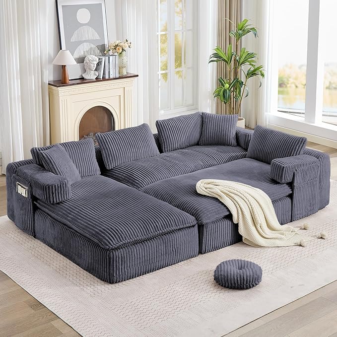 149" Oversized U Shaped Cloud Modular Sectional Sofa Boneless Couch with Double Chaise,Free Combination Convertible Floor Sofa Bed with Storage Pockets and Pillows | No Assembly
