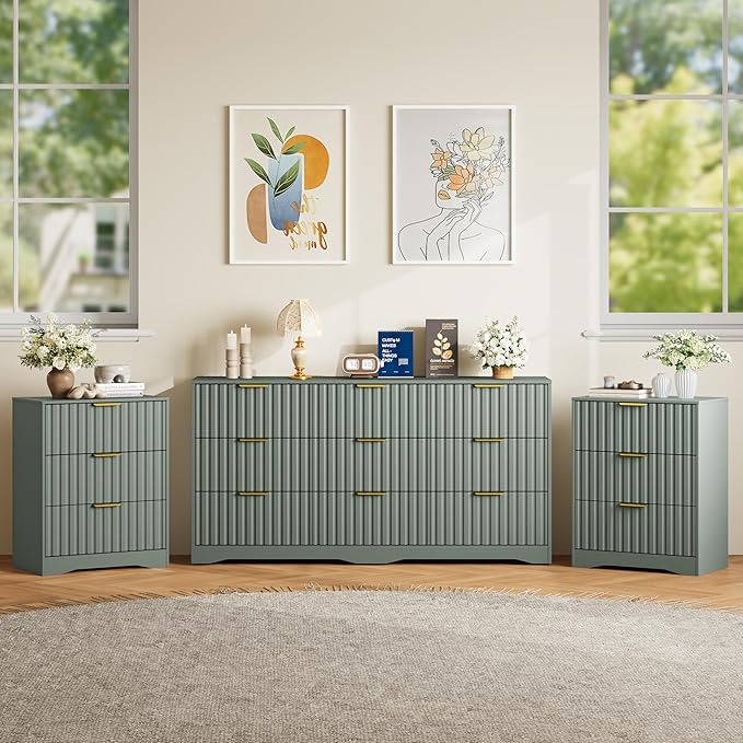 9 Drawer Dresser and Nightstand Sets for Bedroom, Modern Fluted 3 Pcs Bedroom Dresser Furniture Sets, Wood Chest of Drawers and Nightstand Set of 2 with Metal Handles, Green