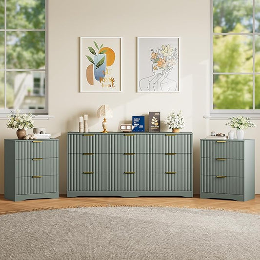 9 Drawer Dresser and Nightstand Sets for Bedroom, Modern Fluted 3 Pcs Bedroom Dresser Furniture Sets, Wood Chest of Drawers and Nightstand Set of 2 with Metal Handles, Green