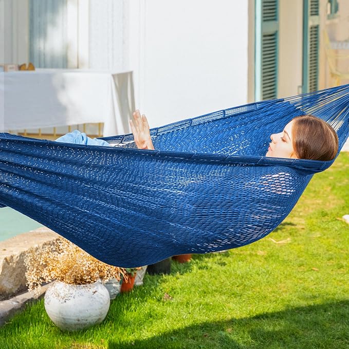 PNAEUT Handwoven Mayan Hammock, Thick Soft Rope Double Hammock for Outdoor Outside & Indoor, 600 lbs Capacity Heavy-Duty, Includes Tree Straps, Carabiners & Carrying Bag (Navy Caribe, X-Large) - Image 6