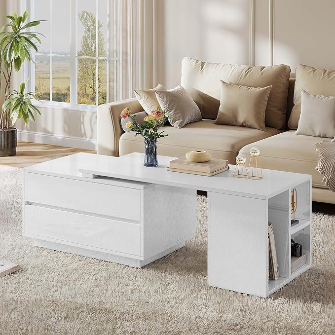 YITAHOME Coffee Table LED Coffee Table with 4 Storage Drawers, Extendable Coffee Tables for Living Room, Modern Wooden Rectangle Cocktail Table with Open Shelves & Sliding Tabletop 35"- 61", White