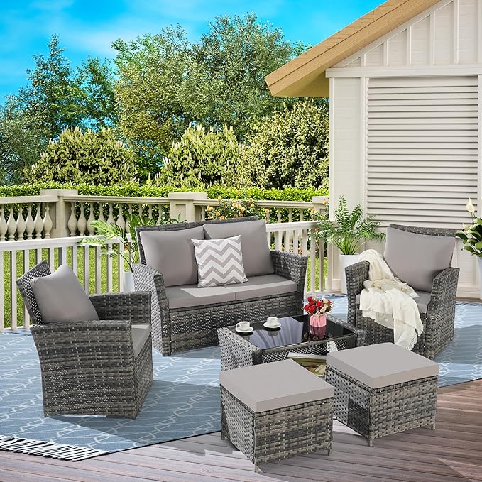 KEIKI 6-Piece Outdoor Patio Furniture Set, Rattan Patio Conversation Set with 2-Seater Sofa, 2 Single Sofa, 2 Ottomans, Coffee Table, PE Wicker Sofa Set, for Garden, Backyard, Lawn, Deck, Light Gray