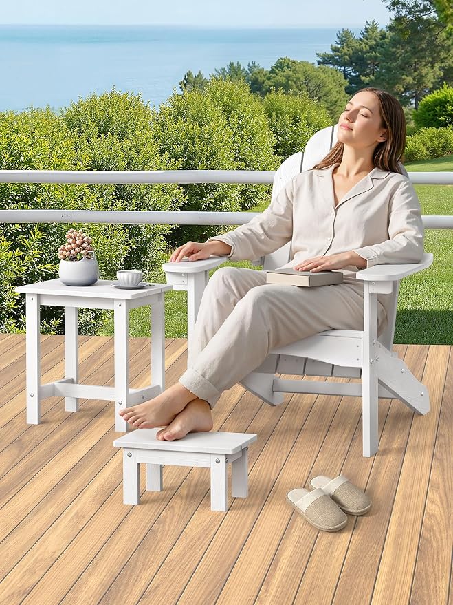 LUE BONA Outdoor Side Table, 2-Tier HDPS Outdoor Nesting End Table with Removable Small Foot Stool for Patio, Deck, Poolside, Low Maintenance & Weather Resistant, White - Image 2