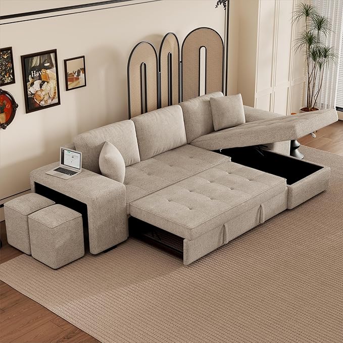 Ball & Cast 104" L-Shape Sectional Sofa with Storage Chaise and 2 Stools,Pull-Out Bed,3-Seat Chenille Reversible Couch w/Storage Armrest,for Living Room,Apartment,Cream