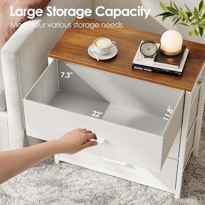 Memobarco Nightstand,Farmhouse Night stand with 3 Storage Drawer,Small Dresser for Bedroom,Chest of Drawers Fabric Dressers with Steel Frame,Wooden Top Front Bedside Table for Small Space,White+walnut - Image 5