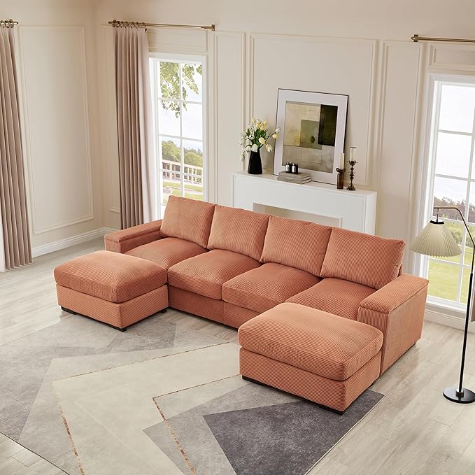 122" Oversized Modular Sectional Sofa Cloud Couch with 2 Ottomans, Comfy Corduroy Upholstered Deep Seat Large U Shaped Lounge Sofa&Couches with Hidden Arm Storage Box