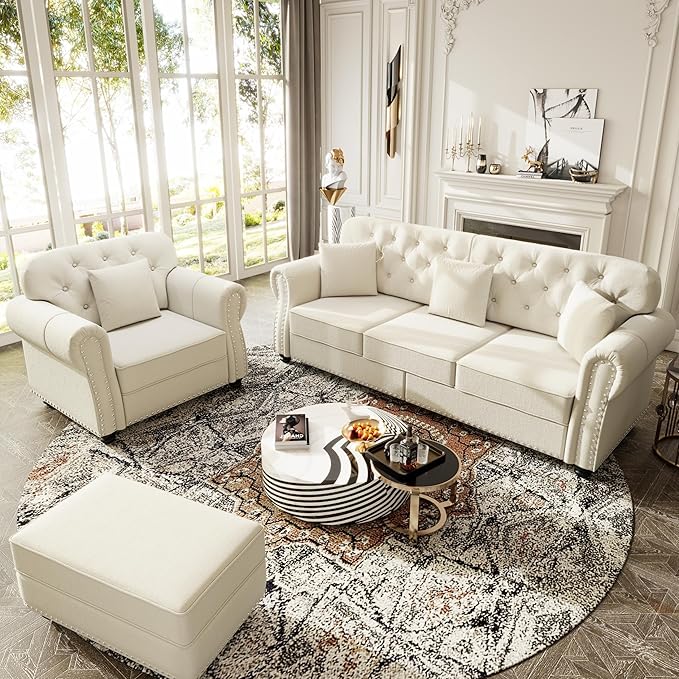 KEIKI 2-Piece Chesterfield Sofa Set with 1 Velvet 3-Seater Sofa & 1 Single Sofa, Upholstered 4-Seater Couch Set with Nailhead Trim & Rolled Arms & 1 Ottoman & 4 Pillow, for Living Room, White