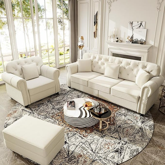 KEIKI 2-Piece Chesterfield Sofa Set with 1 Velvet 3-Seater Sofa & 1 Single Sofa, Upholstered 4-Seater Couch Set with Nailhead Trim & Rolled Arms & 1 Ottoman & 4 Pillow, for Living Room, White