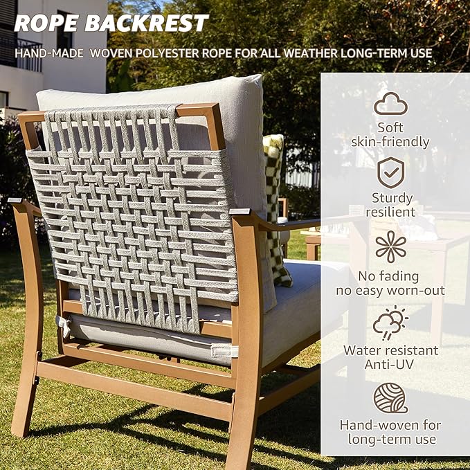 NATURAL EXPRESSIONS 4 Pieces Patio Furniture Sets, Modern Metal Outdoor Conversation Sets with High Back All Weather Hand-Woven Rope Rocking Chairs, Loveseat, Metal Table, 6" Thick Olefin Cushions