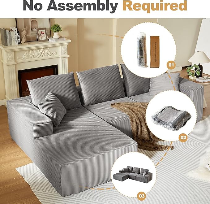 109.4" Oversized Modular Sectional Sofa with Chaise, Convertible L Shaped Cloud Couch with Deep Seat, 35D Full Foam Compressed Boneless Couches for Living Room, Bedroom, Office, No Assembly Required