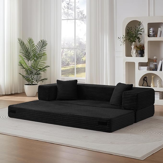Ball & Cast Modern Upholstered Sofa with 2 Pillows,Boneless Corduroy Couch W/Deep Seat,Convertible Folding Sleeper Sofa Bed for Living Room,Bedroom,Apartment,No Assembly,Black,78"
