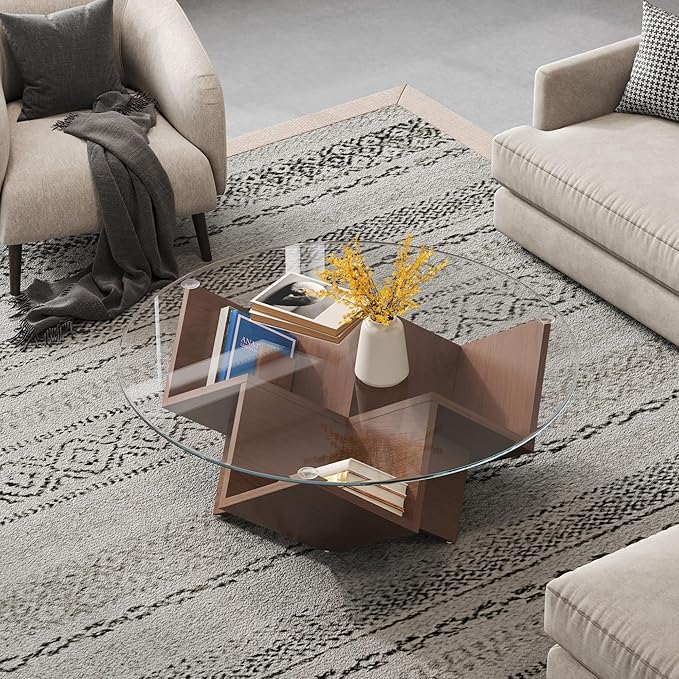 Harper & Bright Designs The Round Coffee Table with Glass Top and Geometric Abstract Art Deco Base Storage Shelves, Walnut, 35.4"
