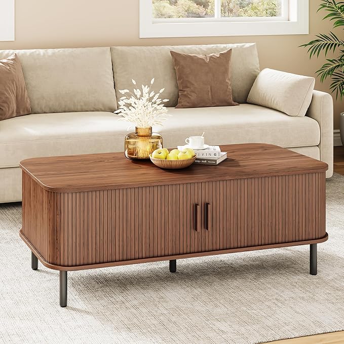 Coffee Table with Storage, 47.2" Mid Century Modern Coffee Tables for Living Room, Rectangle Wood Center Table with Sliding Tambour Door & Adjustable Leg for Living Room, Walnut