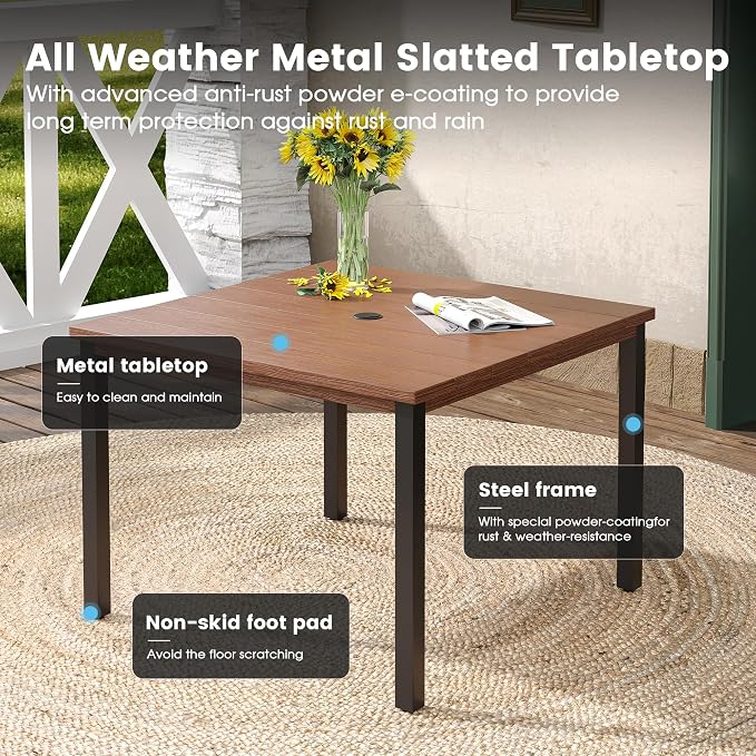 DIFY 5 Pieces Outdoor Dining Table Chair Set, Patio Dining Set with 1 Walnut Metal Square Table with Umbrella Hole & 4 Brown Stackable Curved Armrests Chairs for Lawn, Garden, Porch - Image 3