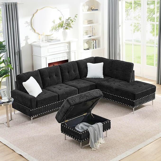 ERYE 102-Inch L-Shaped Corner Sectional Sofa Chenille Upholstered Tufted Corner Sofa Couch with Storage Ottoman and Nailhead Decor,Modern L-Shaped Convertible Couches