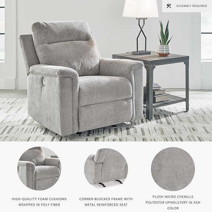 Signature Design by Ashley Barnsana Casual Power Recliner with Rocking Motion and USB Port, Light Gray