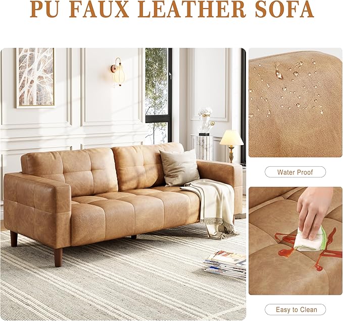 GarveeHome 3-Seater Sofa Couch, 83 in Wide Faux Leather Sofa Couch with Spring Cushion, Modern Sofa with Deep Seats and 2 Removable Back Cushions, for Living Room, Bedroom, Apartment, Office, Brown