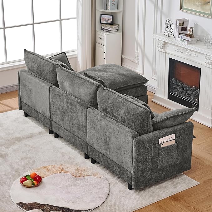 102" Modular Sectional Sofa, Premium Chenille Cloud Couch with Reversible Ottoman, L-Shaped Oversized Sofa with Side Storage Pockets for Multi-Scene Living Room & Home Office