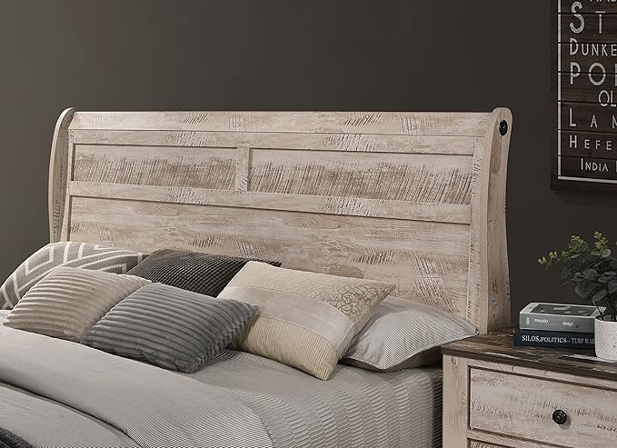 Roundhill Furniture Imerland White Wash Finish 3-Piece Bedroom Set-Sleigh Bed and Two Nightstands, Queen Size