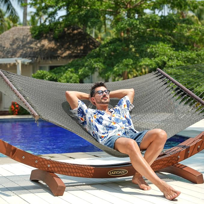 Lazy Daze Hammocks 10.5 FT Double 2 Person Caribbean Rope Hammock, Hand Woven Polyester Hammock with Spreader Bars, for Outside Outdoor Backyard Patio Poolside, 450 LBS Capacity, Gray - Image 2