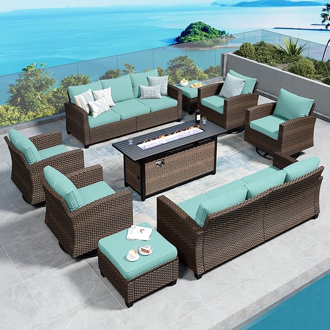 Swivel Glider Patio Furniture Set Outdoor Furniture Brown Wicker Rattan Patio Conversation Sets with Cushion Outside Sofa Set,8 Pieces with Rectangular Firepit Table,12 Seats,Blue