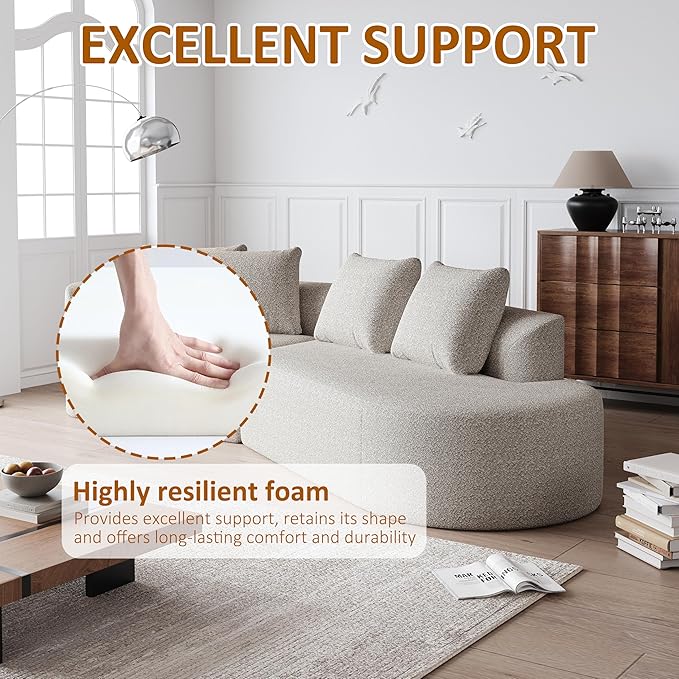 112" Modern Cloud Sectional Sofa, Chenille 4-Seater Curved Couch with 4 Pillows, Extra Deep & Wide Seat, No-Assembly Compressed Upholstered Living Room Sofa for Bedroom,Apartment,Khaki Left