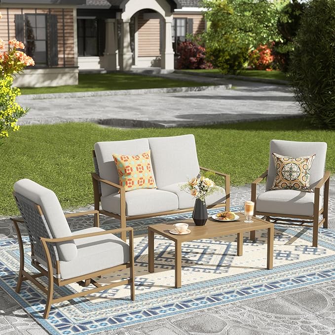 NATURAL EXPRESSIONS 4 Pieces Patio Furniture Sets,Modern Metal Outdoor Conversation Sets with All Weather Hand-Woven Rope Chairs,High Back Frame,Metal Table, 6" Thick Olefin Cushions for Yard,Garden