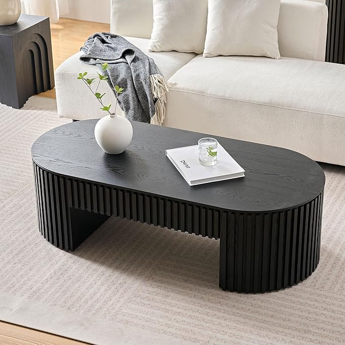 51.18'' Oval Coffee Table for Living Room Fluted Center Table with Drawer, Mid Century Modern Coffee Tables, Easy Assembly for Office Storage Tea Table Black