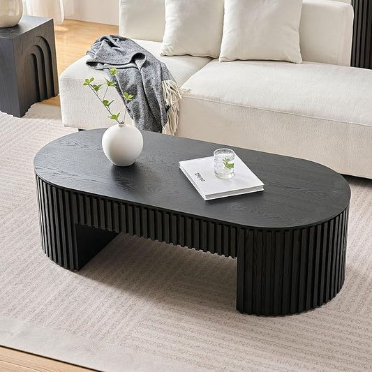Oval Coffee Table with Storage Pedestal 51.18" Wooden Fluted Coffee Table with Drawer for Living Room Modern Handcrafted Centre Table Easy Assembly Black