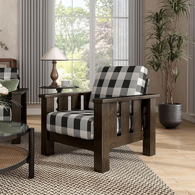 Furniture of America Gavik Modern Solid Wood Arm Chair with Plaid Removable Cushions, Black and White Upholstery Fabric, Comfortable Upholstered Seating for Living Room, Guest Room, Dark Walnut