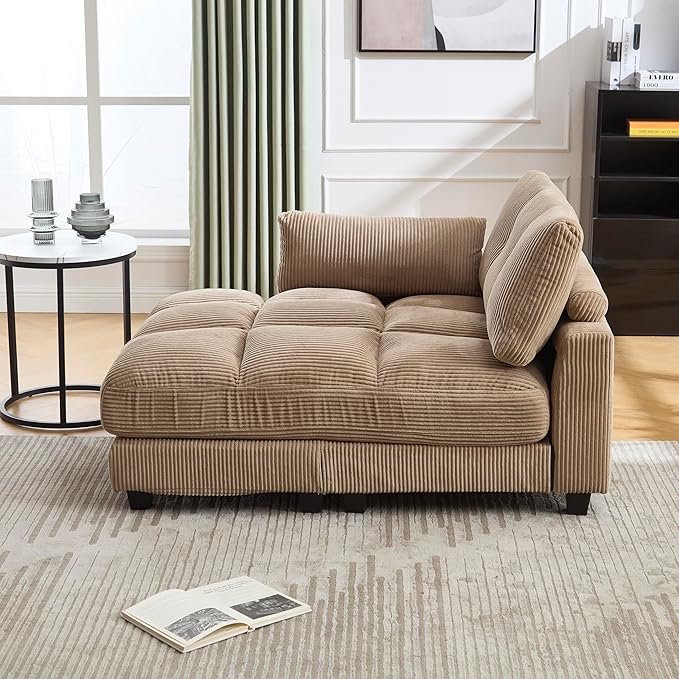 Oversized Lounge Chaise Convertible Sleeper Sofabed, Corduroy Sleeper Daybed Indoor Recliner Chair Sofa Bed with Cupholders and Adjustable Headrests for Living Room Bedroom Reading Home Apartment