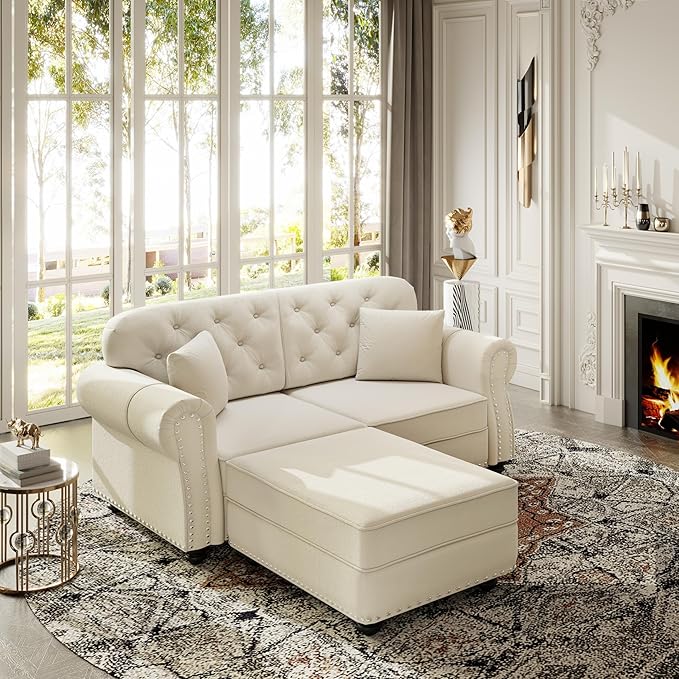 KEIKI 63" Velvet Chesterfield Sofa with Rolled Arms & Nailhead Trim & 1 Ottoman, Modern 2-Seater Button Tufted Couch with High Resilience Cushion & 2 Pillow, Easy Assembly, for Living Room, White