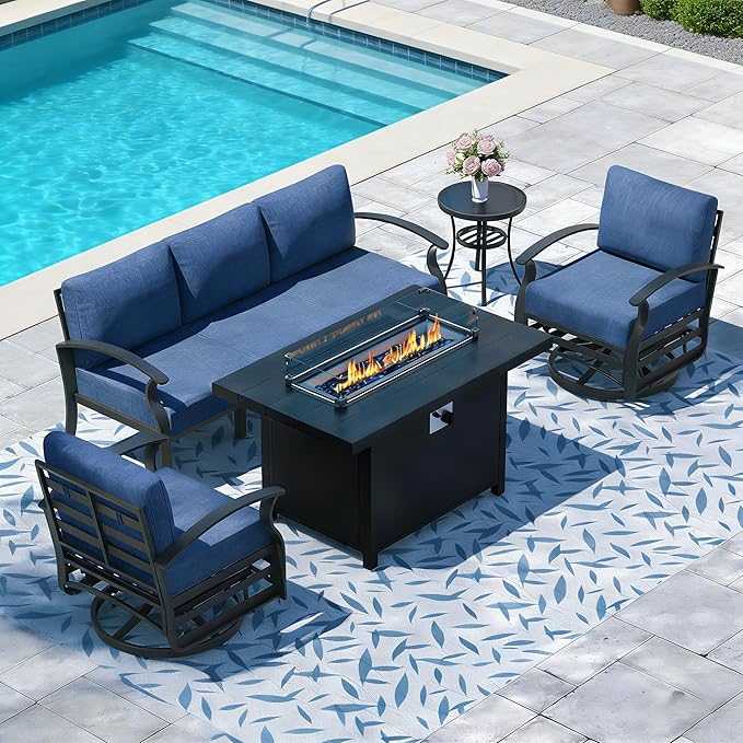 Aluminum Outdoor Patio Furniture Set,5 Pieces 5 Seats Metal Patio Sectional Furniture Set,Patio Conversation Sets with 45" Propane Fire Pit Table,Swivel Rocking Chairs Set,Navy Blue