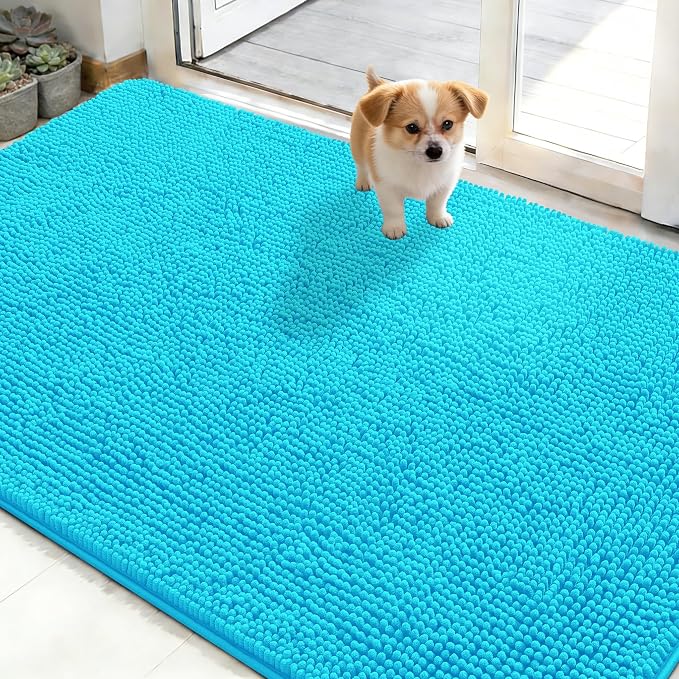 OLANLY Dog Door Mat for Muddy Paws 50x30, Absorbs Moisture and Dirt, Absorbent Non-Slip Washable Doormat, Quick Dry Chenille Mud Mat for Dogs, Entry Indoor Entryway Carpet for Inside Floor, Aqua Blue by OLANLY