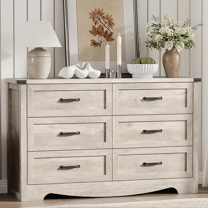 Dresser for Bedroom with 6 Drawers, 54" Wide Wood Chest of Drawers with Deep Drawers & Mental Handle, Modern Dresser TV Stand, Wooden Closet Storage Organizer for Living Room, Hallway, Entryway, Grey - Image 3