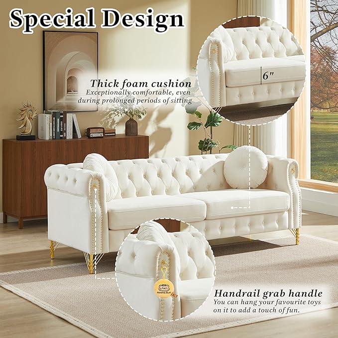 ERYE 82-Inch Button Tufted Sofa Couch with 2 Round Pillows, 3 Seat Velvet Tufted Sofa Spacious Chesterfield Loveseat Couches W/Nailhead Decor,Ring Accent & Golden Legs