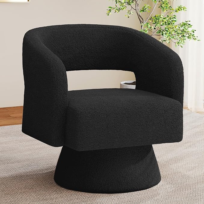 Nebuaegis Swivel Accent Chair, Modern Comfy Teddy Barrel Chairs, Oversized Upholstered Round Arm Chair for Living Room, Bedroom, Reading Room, Black, 1 PCS