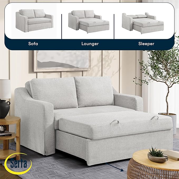 Serta Hawthorne 66.1" Slipcovered Convertible Sleeper Loveseat, Full Size, Dreamcoil Comfort, FingerGuard Pinch Point Protection, Polyester Tweed Fabric, Linen
